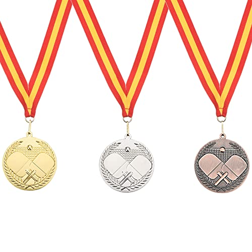 PATIKIL 3 Stück 2,7" Tischtennis Medaillen Tischtennis Award Medaillen Set Gold Silber Bronzemedaille mit Band Rot Gelb für Spiele Sportwettbewerbe von PATIKIL