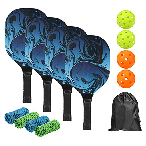 PATIKIL Pickleball Schläger Set mit 4 Premium Holz Pickleball Schläger mit Kissen Griffe 4 Pickleball Bälle 4 Kühlung Handtücher und Tragetasche von PATIKIL