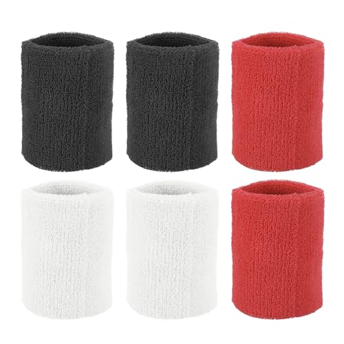 PATIKIL Sportliche Handgelenkbandagen 8x8cm, 6er Pack Baumwoll-Frottee-Schweißband zum Aufsaugen von Schweiß beim Tennis, Basketball, Training, Laufen, Schwarz Weiß Rot von PATIKIL