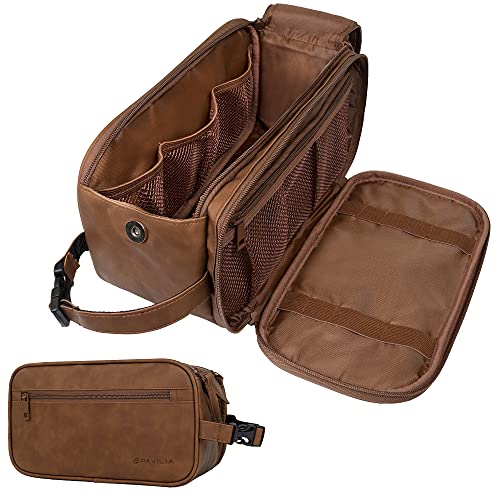 PAVILIA Kulturbeutel für Herren, Reiseutensilien, Rasierset, Reisetasche, Kulturbeutel, Organizer, Kosmetiktasche, Make-up-Tasche, wasserabweisend, Braun, Large (10.5x5.5x6) von PAVILIA