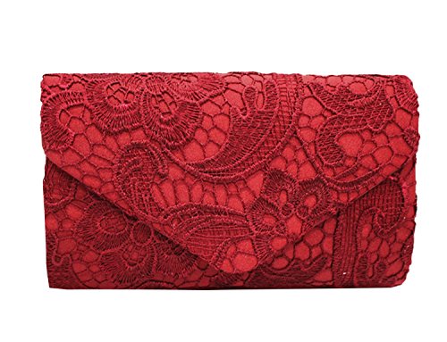 PB-SOAR Elegant Damentasche Clutch Abendtasche Brauttasche Umhängetasche Handtasche mit Spitze, 8 Farben auswählbar (Weinrot) von PB-SOAR