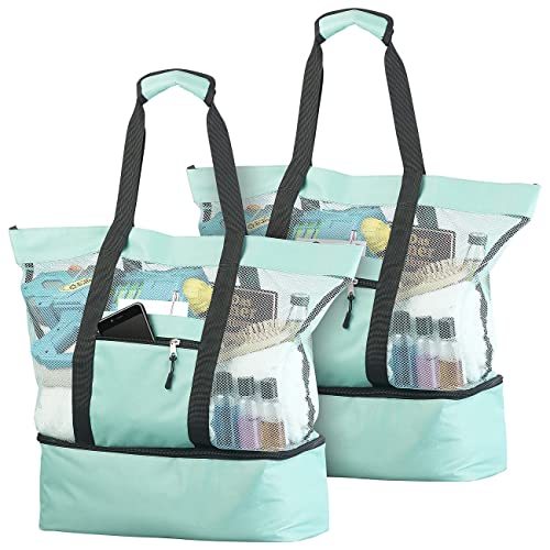 PEARL Kühltasche: 2er-Set 2in1-Strand-Netztaschen mit Kühlfach und Seitenfach, hellblau (Saunatasche, Schwimmbadtasche, Flaschenkühler) von PEARL