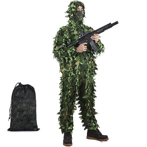 3D Ghillie Tarnanzug, Jungle Regenponcho Ghillie Suit Camouflagemit Tarnkleidung Geeignet zum Verstecken von Spielen, Outdoor, Jagen (Armeegrün, XL) von PELLOR