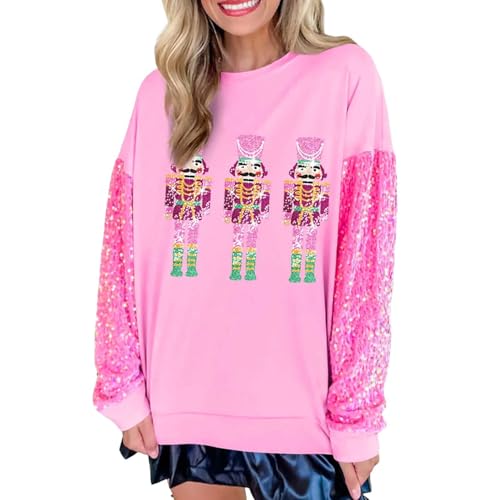 PERZOE Weihnachtspullover, gemütlicher Baggy-Pullover, Damen-Sweatshirt, Pailletten-Cartoon-Muster, Rundhalsausschnitt, Lange Ärmel, lockere mittlere Länge, Party-Urlaub Rosa XXL von PERZOE