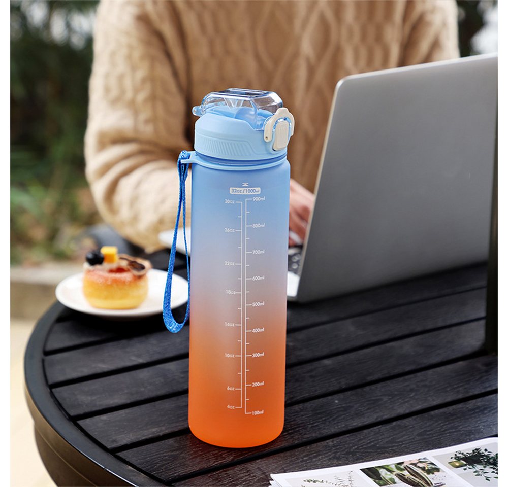 PFCTART Trinkflasche 1-Liter-Sport-Wasserflasche mit Strohhalm und Zeitmarkierung, BPA-frei, geeignet für Fitness / Radfahren / Camping / Laufen von PFCTART