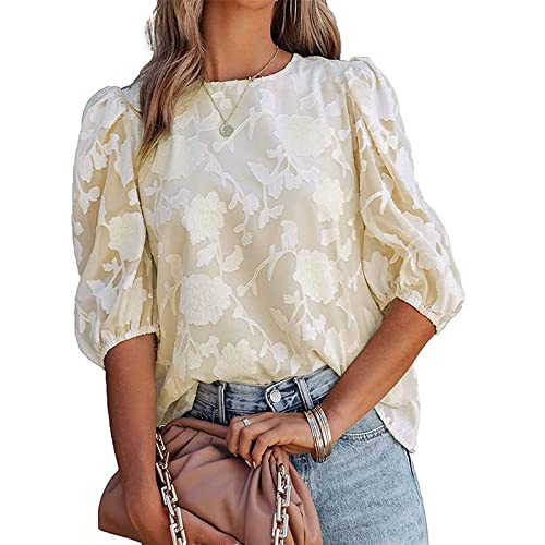 Hemdbluse Damen, Damen Bluse Sommer Süße Blumen Jacquard Rundhalsausschnitt Chiffon Blusen Tops Elegante Puffärmel Tunika Tops Solide Lose Mode Arbeitsblusen T-Shirts Für Damen Mädchen,Apricot,Xxl Hemdbluse Damen, Damen Bluse Sommer Süße Blumen Jacquard Rundhalsausschnitt Chiffon Blusen Tops Elegante Puffärmel Tunika Tops Solide Lose Mode Arbeitsblusen T-Shirts Für Damen Mädchen,Apricot,Xxl von PHARAH