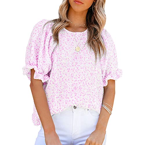 PHARAH Hemd Damen, Damenbluse Sommer Süßer Blumendruck Rundhals Pullover Blusen Oberteile Elegante Kurze Puffärmel Tunika Oberteile Lockere Boho Strand T-Shirts Für Damen Mädchen,Rosa,M PHARAH Hemd Damen, Damenbluse Sommer Süßer Blumendruck Rundhals Pullover Blusen Oberteile Elegante Kurze Puffärmel Tunika Oberteile Lockere Boho Strand T-Shirts Für Damen Mädchen,Rosa,M von PHARAH