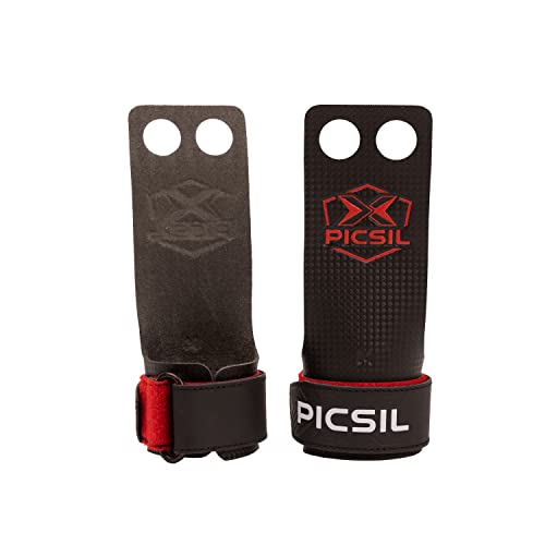 PICSIL RX Carbon Grips, Crosstraining Hand Grips für Gewichtheben, Handschuhe für Muscleups, Pull Ups, Gymnastik, Verhindert Blasen und Risse, Für Männer und Frauen (Rot 2H, L) von PICSIL