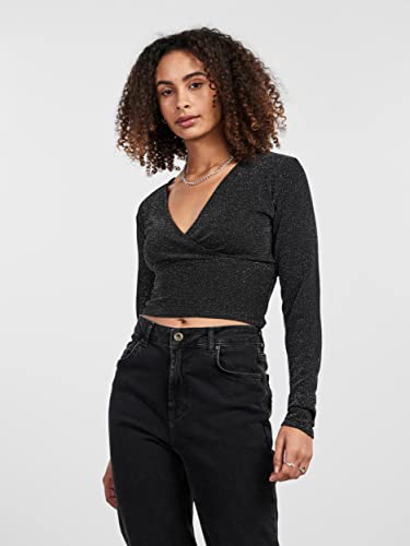 PIECES Damen Pclina Cropped V-Neck Top Langarmshirt, Schwarz, M EU PIECES Damen Pclina Cropped V-Neck Top Langarmshirt, Schwarz, M EU von PIECES