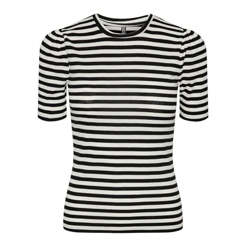 Pieces Damen Pcruka Ss Puff Top Noos Bc, Black/Stripes:Cloud Dancer, S von PIECES