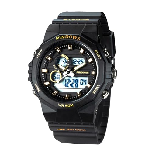 PINDOWS 5ATM Wasserdicht Timer Stoppuhr, Fitness Herrenuhr Digital Militär Tactical Uhr Duale Zeitzone Sport Outdoor für Männer Jungen,Black and Gold von PINDOWS