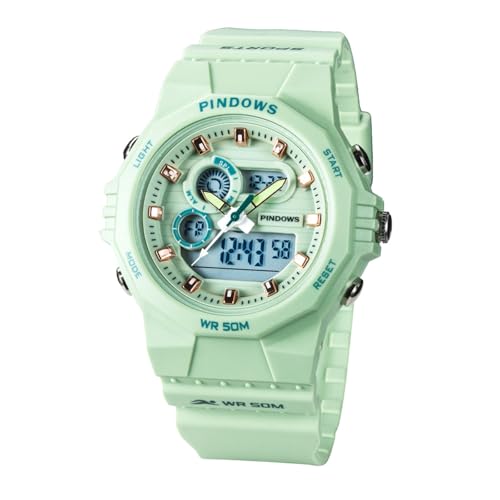 PINDOWS 5ATM Wasserdicht Timer Stoppuhr, Fitness Herrenuhr Digital Militär Tactical Uhr Duale Zeitzone Sport Outdoor für Männer Jungen,Matcha von PINDOWS