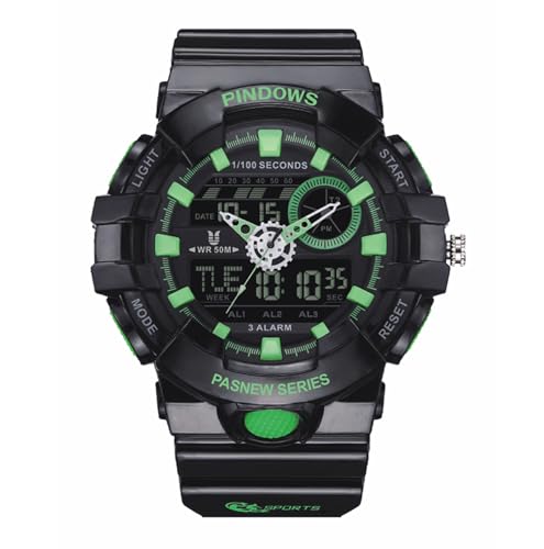 PINDOWS Armbanduhr Herren Sportuhren, Herren Digitaluhr wasserdichte mit LED-Leuchtdisplay Analogen Zeigern und Digitalen Zahlen Herrenarmbanduhren,Black Green von PINDOWS