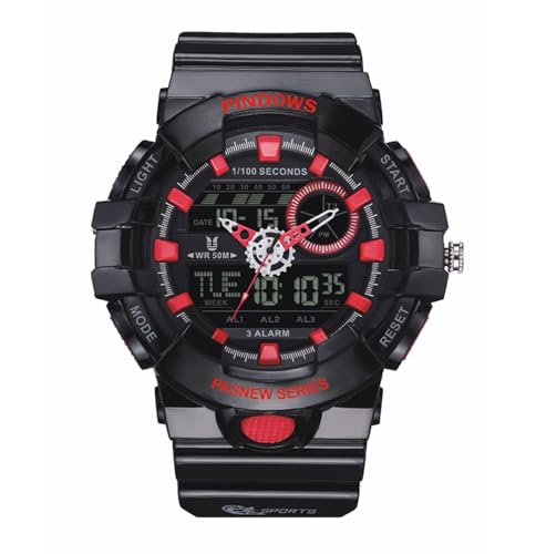 PINDOWS Armbanduhr Herren Sportuhren, Herren Digitaluhr wasserdichte mit LED-Leuchtdisplay Analogen Zeigern und Digitalen Zahlen Herrenarmbanduhren,Black red von PINDOWS