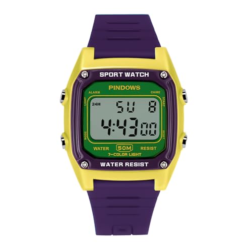 PINDOWS Digitale Armbanduhr Herren, Militär Sportuhr Analog Digitaluhr 3ATM Wasserdicht Outdoor Uhr mit Licht Alarm Kalender Stoppuhr für Männer,Purple Yellow von PINDOWS