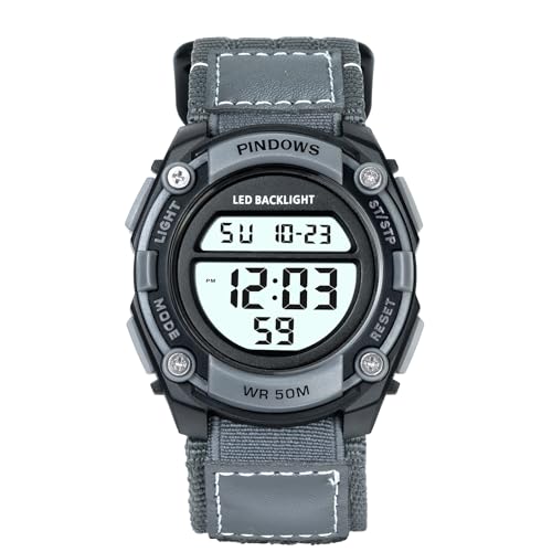 PINDOWS Digitale Sportuhr für den Außenbereich, Digitale Armbanduhr mit LED-Leuchtend, Wecker, 50 m wasserdicht, Chronograph, Stundensignal,Dark Gray von PINDOWS