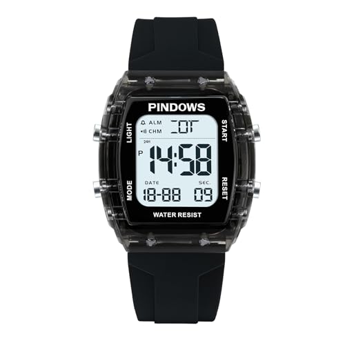 PINDOWS Herren Militär Digitale Armbanduhr, Digitale Sportuhr für den Außenbereich, 50M Wasserdicht mit LED-Leuchtend, Wecker, Chronograph, Stundensignal,Schwarz von PINDOWS