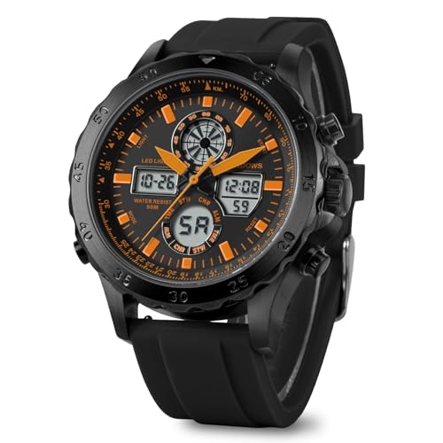 PINDOWS Herren Militär Uhr Digital, 50M wasserdichte Digitaluhren Herren Outdoor Taktische Sportuhr mit Wecker Datum 12/24H LED Stoppuhr,Orange von PINDOWS