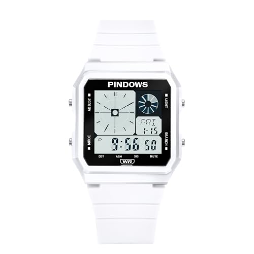 PINDOWS Herrenuhr Sportlich Chronographen, Armbanduhr Herren 50M Wasserdicht mit LED-Beleuchtung, Wecker, Stundensignal, 12/24 Stunden-Format, Stoppuhr, Kalender,Weiß von PINDOWS