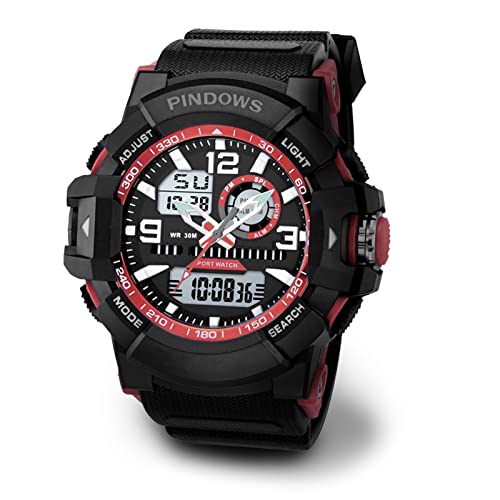 PINDOWS Kinderuhr Mädchen Jungen Digital, Digital Armbanduhr für Kinder wasserdichte Sport Outdoor Multifunktionale digital Uhren mit Stoppuhr/Alarm,Black and red von PINDOWS