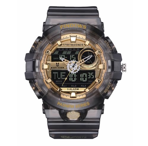 PINDOWS Militär Taktische Uhr Herren, Digitale Armbanduhr für Männer Männer Teenager 5 ATM wasserdichte Sport Herrenuhr Stoppuhr mit Wecker Datum LED,Transparent Black Gold von PINDOWS