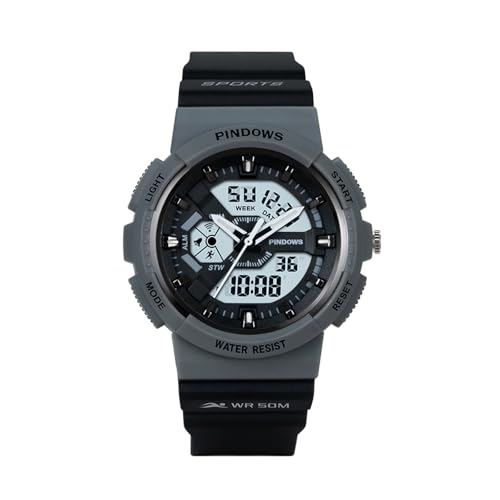 PINDOWS Militär Uhr Herren Tactical Watch, Military Digitaluhr Armbanduhr Outdoor Wasserdicht Stoppuhr Sport Chronograph mit LED-Hintergrundbeleuchtung, Stoppuhr,Grau von PINDOWS