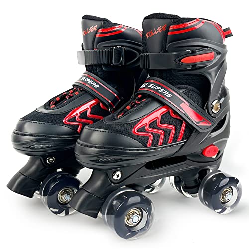 Rollschuhe für Kinder mit Leuchtenden Rädern für Mädchen und Jungen, Größen verstellbare Atmungsaktiv Quad Skates Verstellbare (Rote, L) von PIPIZHU