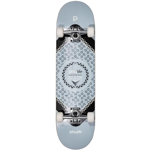 Playlife Skateboard Heavy Metal Silver, 31" / 8" - 79cm / 20,5cm, 52x36mm 92A Rollen, ABEC 7 Kugellager, Art. nr.: 880278 von PLAYLIFE