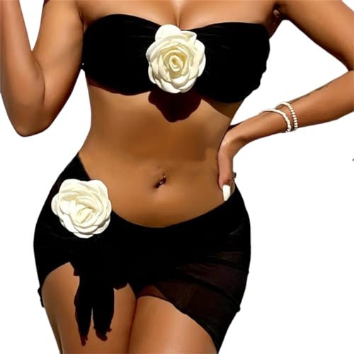 PLCPDM 3-teiliges trägerloses Damen-Badeanzug-Set, Bandeau-Badeanzug mit Strandrock, 3D-Blumen-Bandeau-Badeanzug von PLCPDM