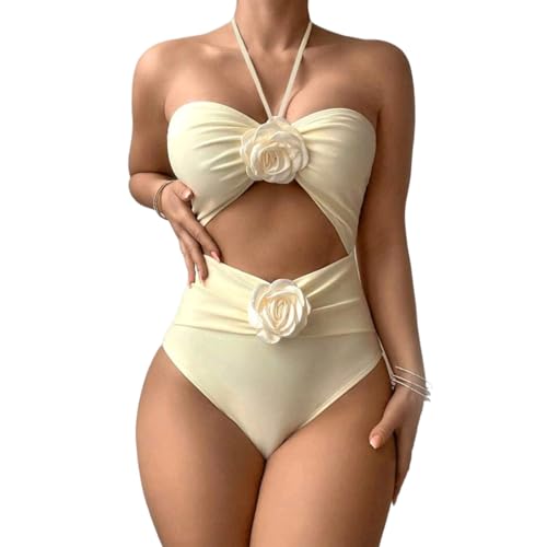 PLCPDM Frauen 3D 1 Stück Riemchen Badeanzüge Neckholder Rückenfrei Ausschnitt Vorne Monokini Strand Einfarbig Badeanzug von PLCPDM