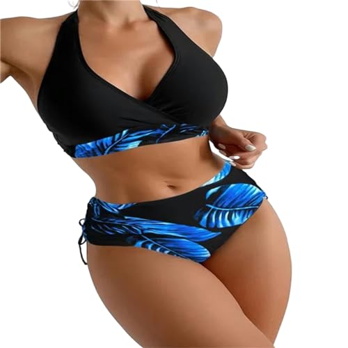 PLIOUASZ Bikini Damen Frauenbadeanzug Halfterhaltergurt Bikini Rückenfreier Riemchen Badeanzug Hoher Taille Badeanzug-blau-m von PLIOUASZ