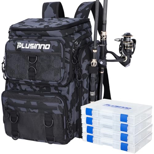 PLUSINNO Angelrucksack mit Rutenhaltern, 42 l, wasserabweisend, mit 4 Köderboxen, Angelausrüstung für Camping, Wandern, Angeln, Geschenke für Herren, Schwarz PLUSINNO Angelrucksack mit Rutenhaltern, 42 l, wasserabweisend, mit 4 Köderboxen, Angelausrüstung für Camping, Wandern, Angeln, Geschenke für Herren, Schwarz von PLUSINNO