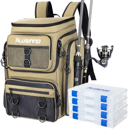 PLUSINNO Angelrucksack mit Rutenhaltern, 42 l, wasserabweisend, mit 4 Angelboxen, Angelausrüstung für Camping, Wandern, Angeln, Geschenke für Herren, Khaki PLUSINNO Angelrucksack mit Rutenhaltern, 42 l, wasserabweisend, mit 4 Angelboxen, Angelausrüstung für Camping, Wandern, Angeln, Geschenke für Herren, Khaki von PLUSINNO