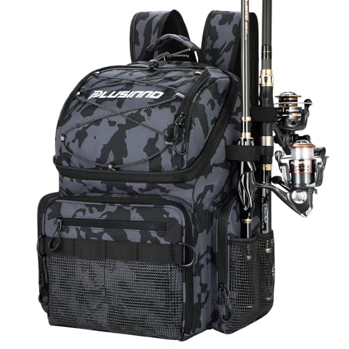 PLUSINNO Angelrucksack mit Rutenhaltern und Kühler, 45 l, groß, wasserabweisend, Angelausrüstung, Rucksack, Aufbewahrung, Angelausrüstung für Camping, Angelgeschenke für Männer, Vater, Schwarz, Camo, PLUSINNO Angelrucksack mit Rutenhaltern und Kühler, 45 l, groß, wasserabweisend, Angelausrüstung, Rucksack, Aufbewahrung, Angelausrüstung für Camping, Angelgeschenke für Männer, Vater, Schwarz, Camo, von PLUSINNO
