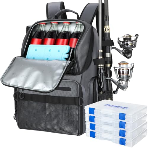 PLUSINNO Angelrucksack mit Rutenhaltern und Kühler, 45 l, groß, wasserabweisend, Angelausrüstungsrucksack PLUSINNO Angelrucksack mit Rutenhaltern und Kühler, 45 l, groß, wasserabweisend, Angelausrüstungsrucksack von PLUSINNO