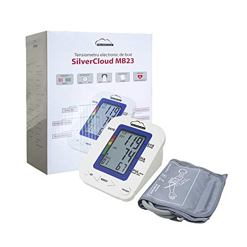 Oberarm-Blutdruckmessgerät SilverCloud MB23 mit Manschettensitzkontrolle, für Oberarmumfänge von 22-36cm, Arrhythmie-Erkennung, präzise Blutdruck und Pulsmessung mit Speicherfunktion und Sprachausgabe von PNI