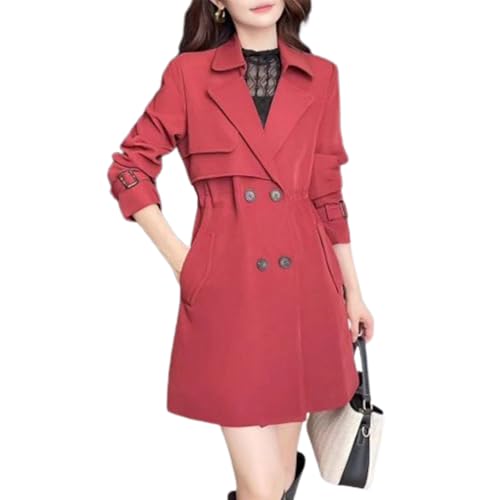 Bequemer Trenchcoat mit tailliertem Revers, Leichter zweireihiger Trenchcoat mit Revers, modischer klassischer Mantel (Medium,Red) von PNZLZIA