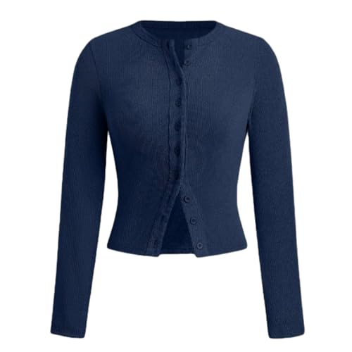 Damen-Cardigan mit Langen Ärmeln und Knopfleiste, Gerippter Strick-Cardigan, Damen-Cardigan mit Langen Ärmeln (Medium,Blue) von PNZLZIA