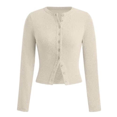 Damen-Cardigan mit Langen Ärmeln und Knopfleiste, Gerippter Strick-Cardigan, Damen-Cardigan mit Langen Ärmeln (Small,Apricot) von PNZLZIA