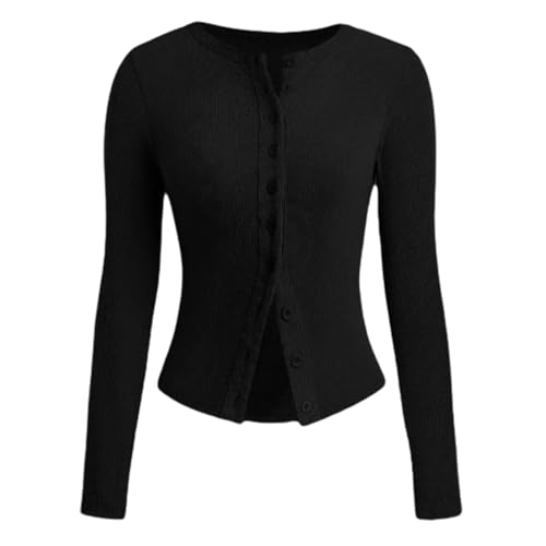 Damen-Cardigan mit Langen Ärmeln und Knopfleiste, Gerippter Strick-Cardigan, Damen-Cardigan mit Langen Ärmeln (Small,Black) von PNZLZIA