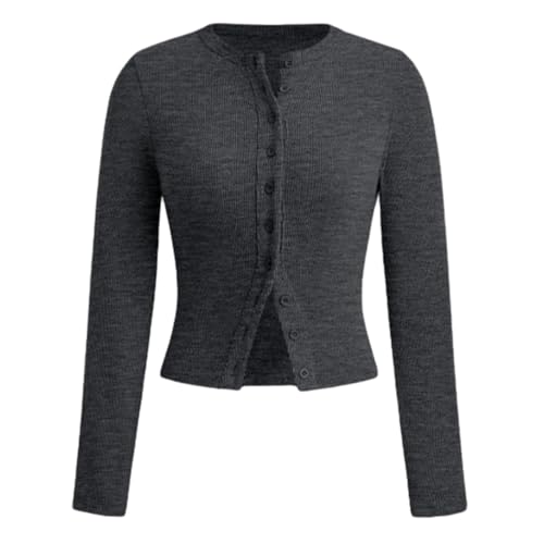 Damen-Cardigan mit Langen Ärmeln und Knopfleiste, Gerippter Strick-Cardigan, Damen-Cardigan mit Langen Ärmeln (X-Large,Dark Gray) von PNZLZIA