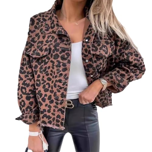 Damen-Jeansjacke mit Leopardenmuster, Jeansjacke mit Leopardenmuster, langärmlige, lockere Jeansjacke mit Leopardenmuster (XL,Leopard Print) von PNZLZIA