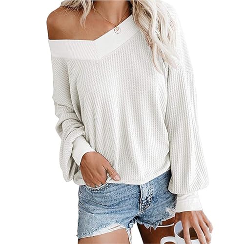 Damen-Pullover mit überschnittenen Schultern und Langen Ärmeln, langärmliges Waffelstrick-Shirt, lässiges V-Ausschnitt-Blusenoberteil (Small,White) von PNZLZIA