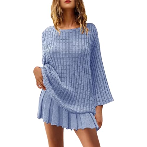 Damen-Strick-Set mit gestreiftem Faltenrock und Langen Ärmeln, 2-teiliges Set, Damen-Strickrock-Set, Damen-Lounge-Set (Small,Blue) von PNZLZIA