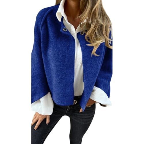 Damenmantel aus Wolle mit Rundhalsausschnitt und Langen Ärmeln, weiche, warme Strickjacke aus Kaschmir, kurzer Mantel aus Wollmischung für Damen (3X-Large,Blue) von PNZLZIA