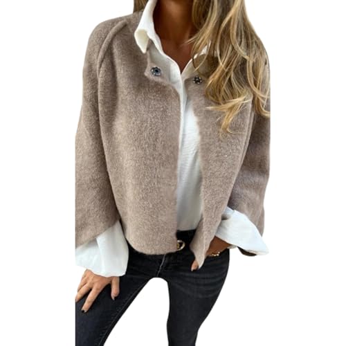 Damenmantel aus Wolle mit Rundhalsausschnitt und Langen Ärmeln, weiche, warme Strickjacke aus Kaschmir, kurzer Mantel aus Wollmischung für Damen (5X-Large,Khaki) von PNZLZIA