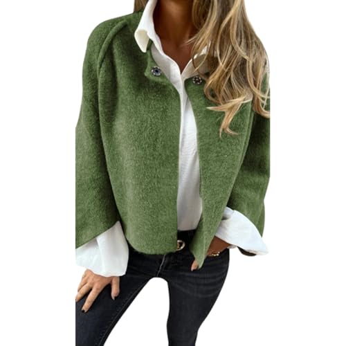 Damenmantel aus Wolle mit Rundhalsausschnitt und Langen Ärmeln, weiche, warme Strickjacke aus Kaschmir, kurzer Mantel aus Wollmischung für Damen (Small,Green) von PNZLZIA