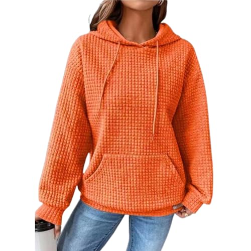 Kapuzenpullover mit Waffelmuster für Damen, lässiger, langärmliger Pullover mit Waffelmuster und Kordelzug, lockerer Kapuzenpullover (Small,Orange) von PNZLZIA