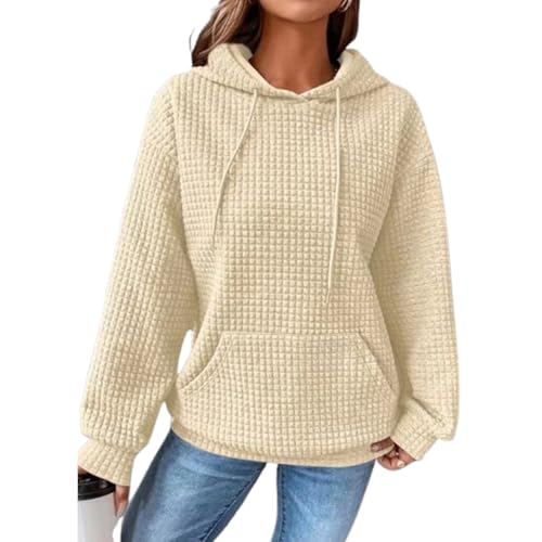 Kapuzenpullover mit Waffelmuster für Damen, lässiger, langärmliger Pullover mit Waffelmuster und Kordelzug, lockerer Kapuzenpullover (X-Large,Apricot) von PNZLZIA