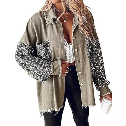 Langarm-Jackenoberteil mit Pailletten-Patchwork, Denim-Patchwork-Paillettenjacke, übergroße Jeansjacke für Damen (X-Large,Khaki) von PNZLZIA